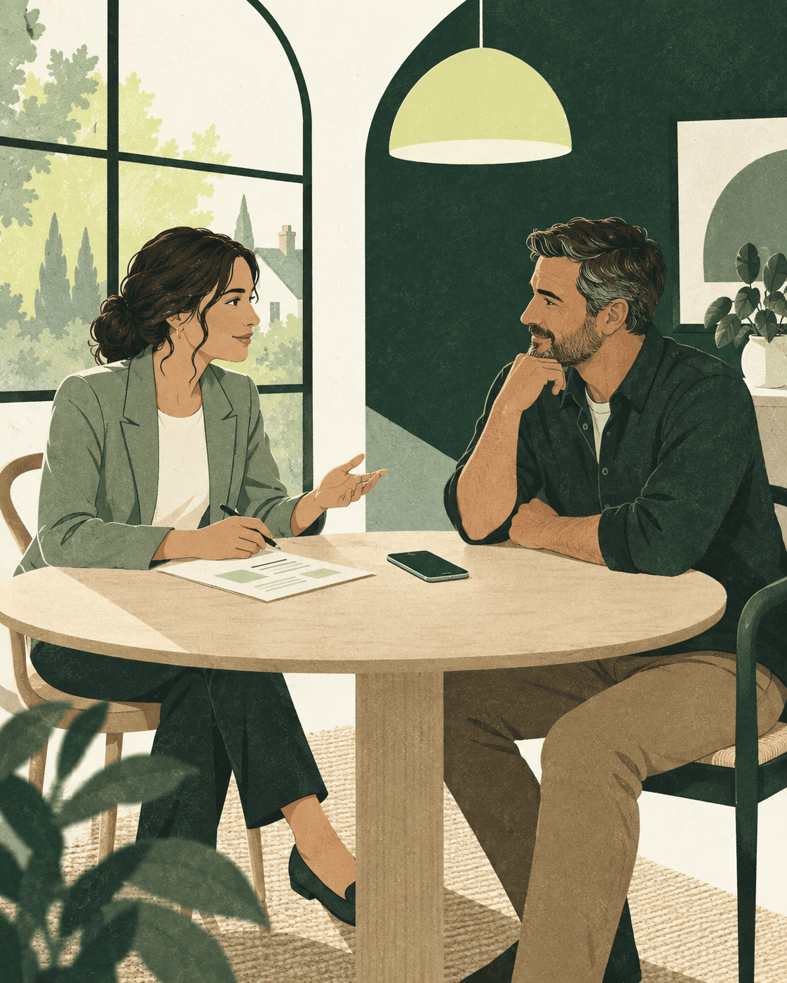 Una consulente e un cliente parlano a un tavolo, con un telefono che registra la conversazione.