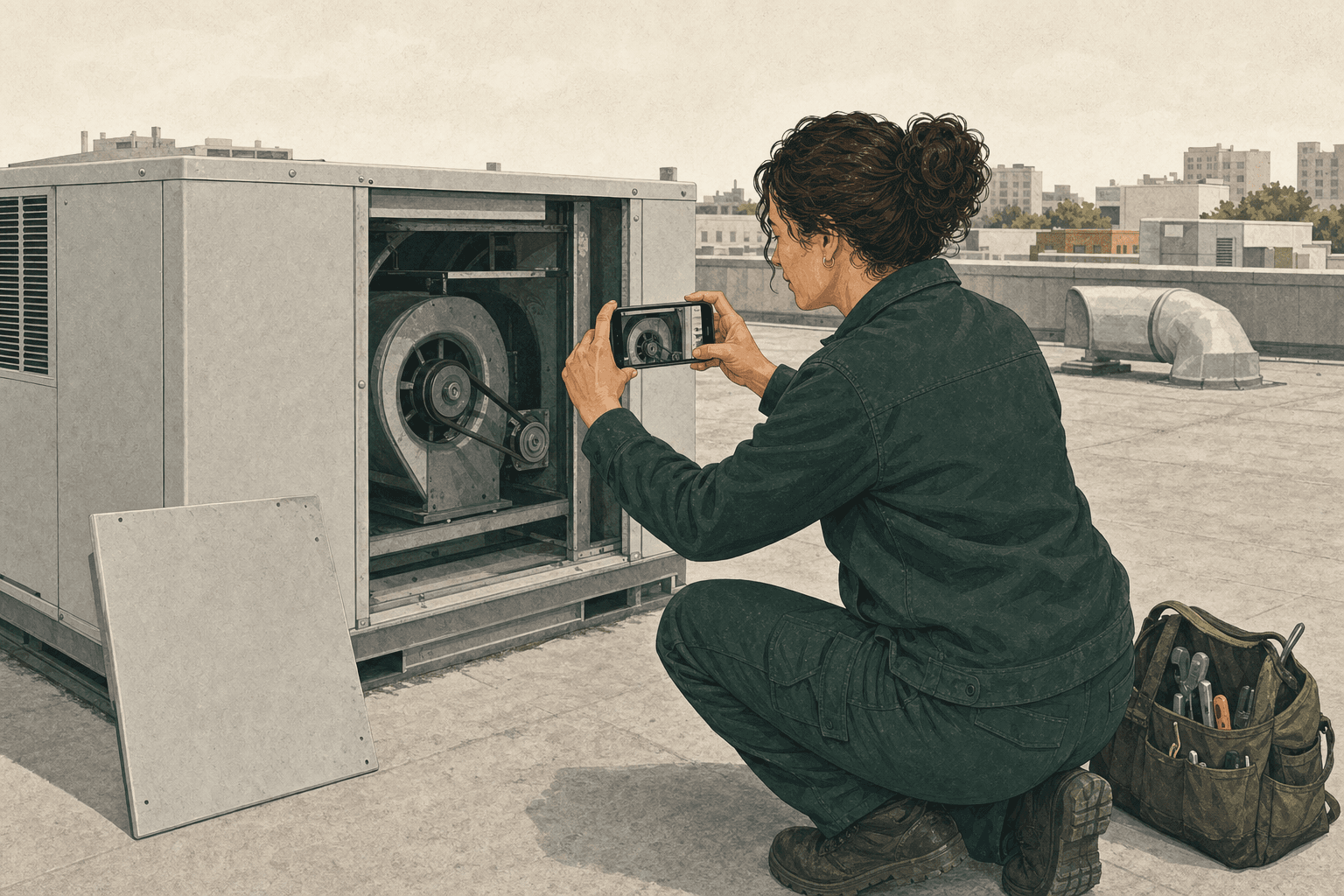 Une technicienne accroupie sur un toit-terrasse, photographiant avec son téléphone le compartiment ventilateur ouvert d’un rooftop