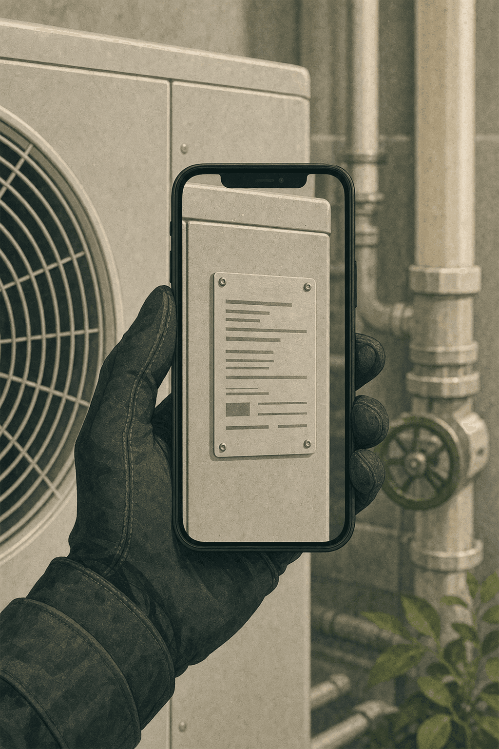 Une main gantée tenant un téléphone devant la plaque signalétique d’une unité de climatisation